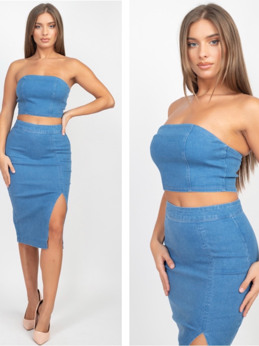Haute Monde Blue Denim Midi Pencil Skirt with Front Slit - Picture 5 of 12